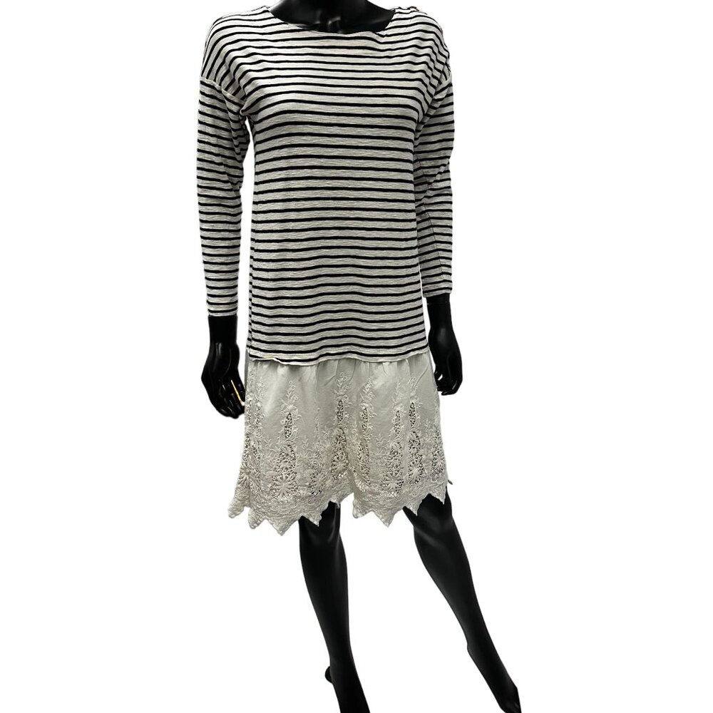 Soft Surroundings Black and White Striped Mini Dress with Lace Hem